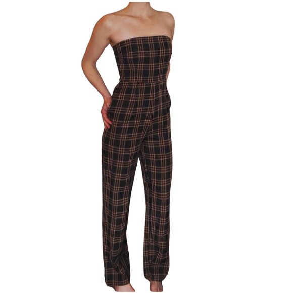 Lulus Sophisticated Mood Black Plaid Strapless Straight Leg Jumpsuit - Size XS - Picture 6 of 7
